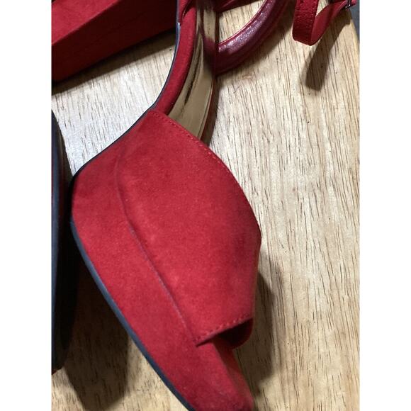 Womens High Block Heel Ankle Strap Open Toe Red Faux Suede Shoes Size 8.5 - Picture 7 of 14
